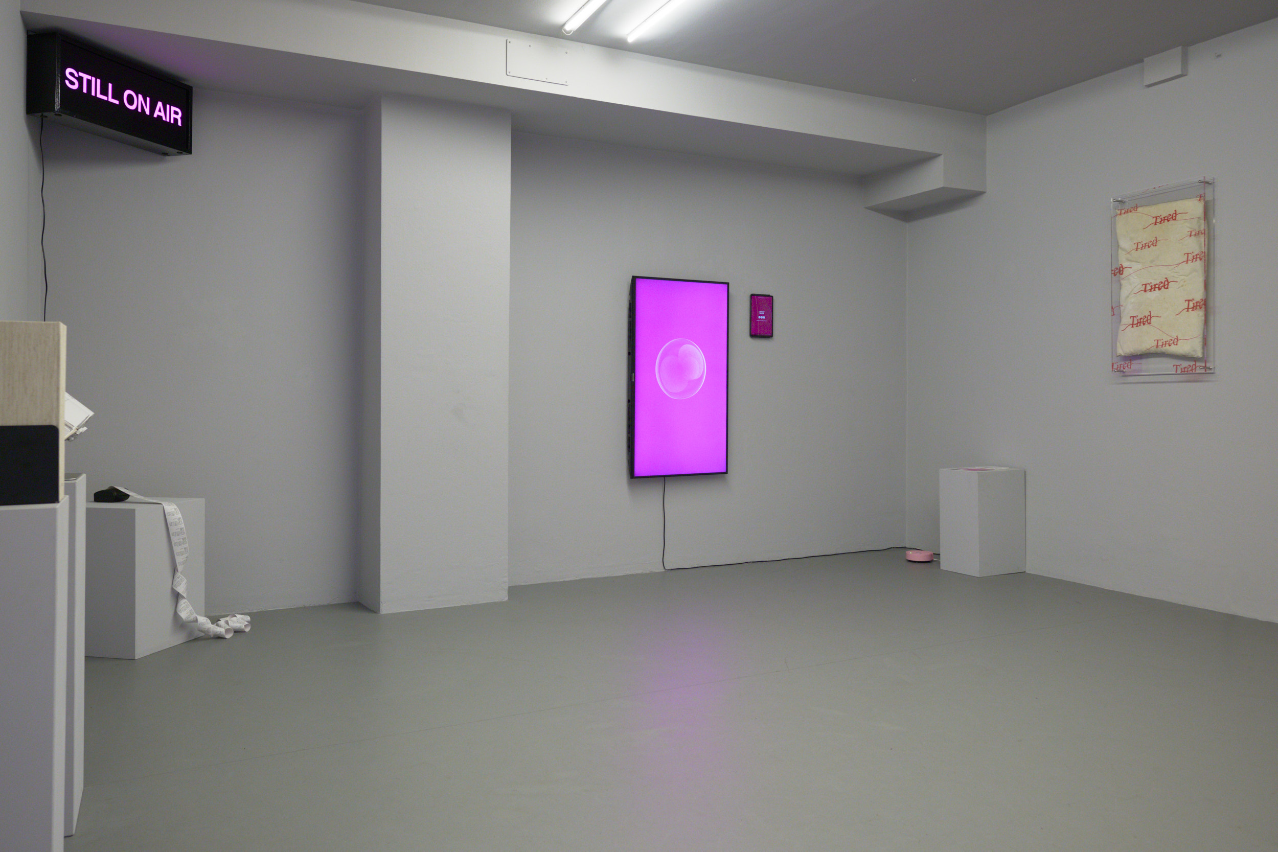 Ho fatto tardi, SMDOT, 2026. Installation views of Evidence of Liveness.sol and Still On Air.